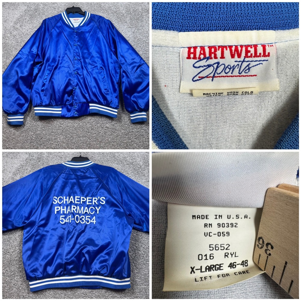 Vintage Hartwell Sports Satin Bomber Jacket Mens Graphic Royal Blue XL GOOD